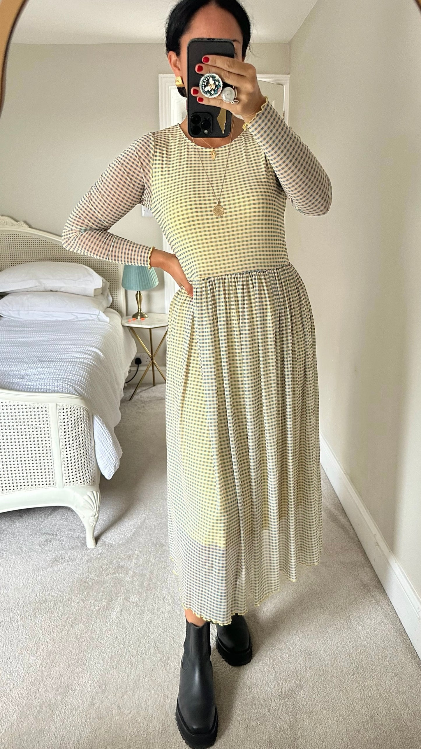 Numph @ anthropologie yellow blue gingham check midi dress mesh small UK 8-10 vgc w25