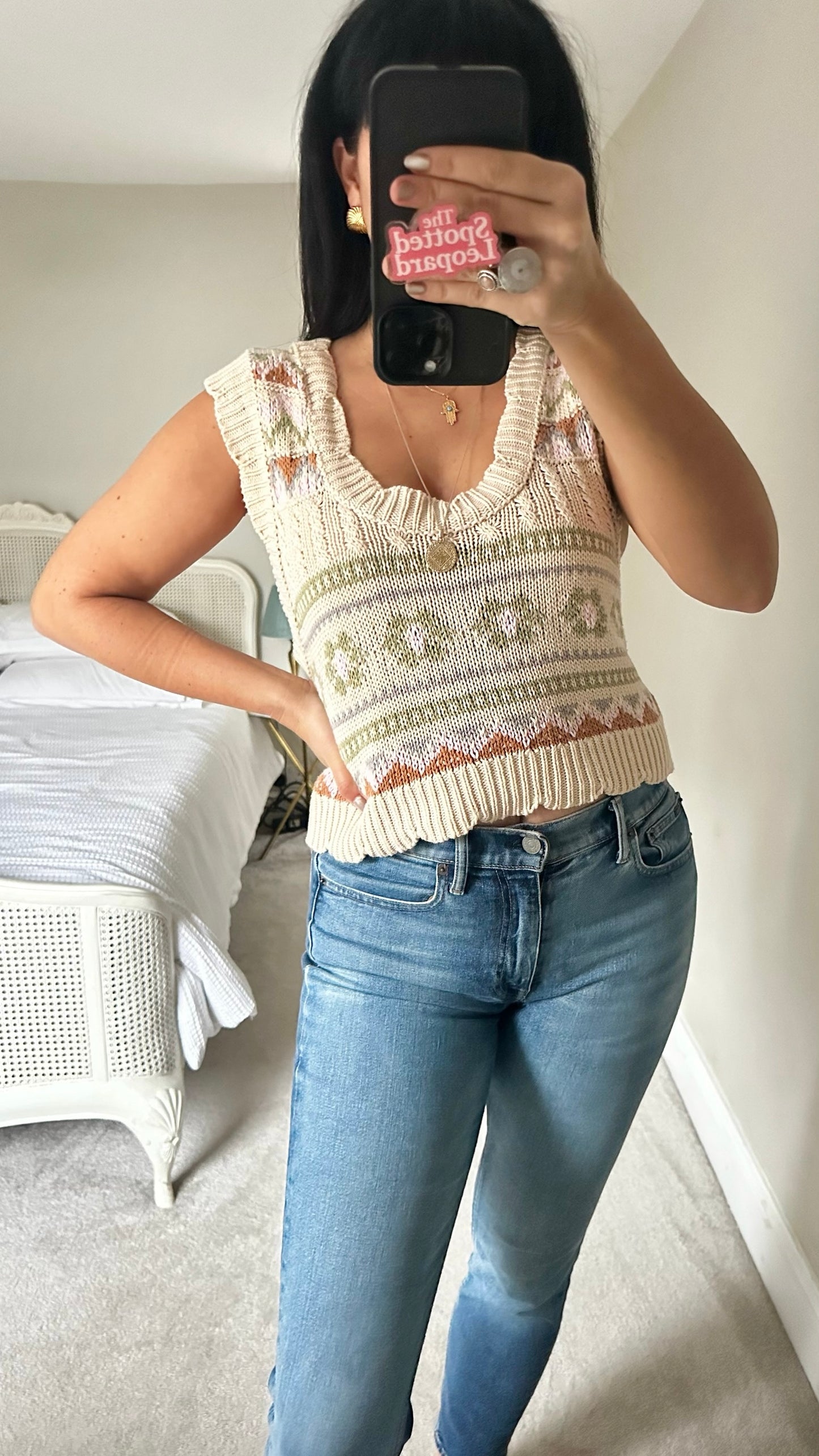 Anthropologie cream olive green vintage style crotchet knit top vest L large UK 14 excellent used condition