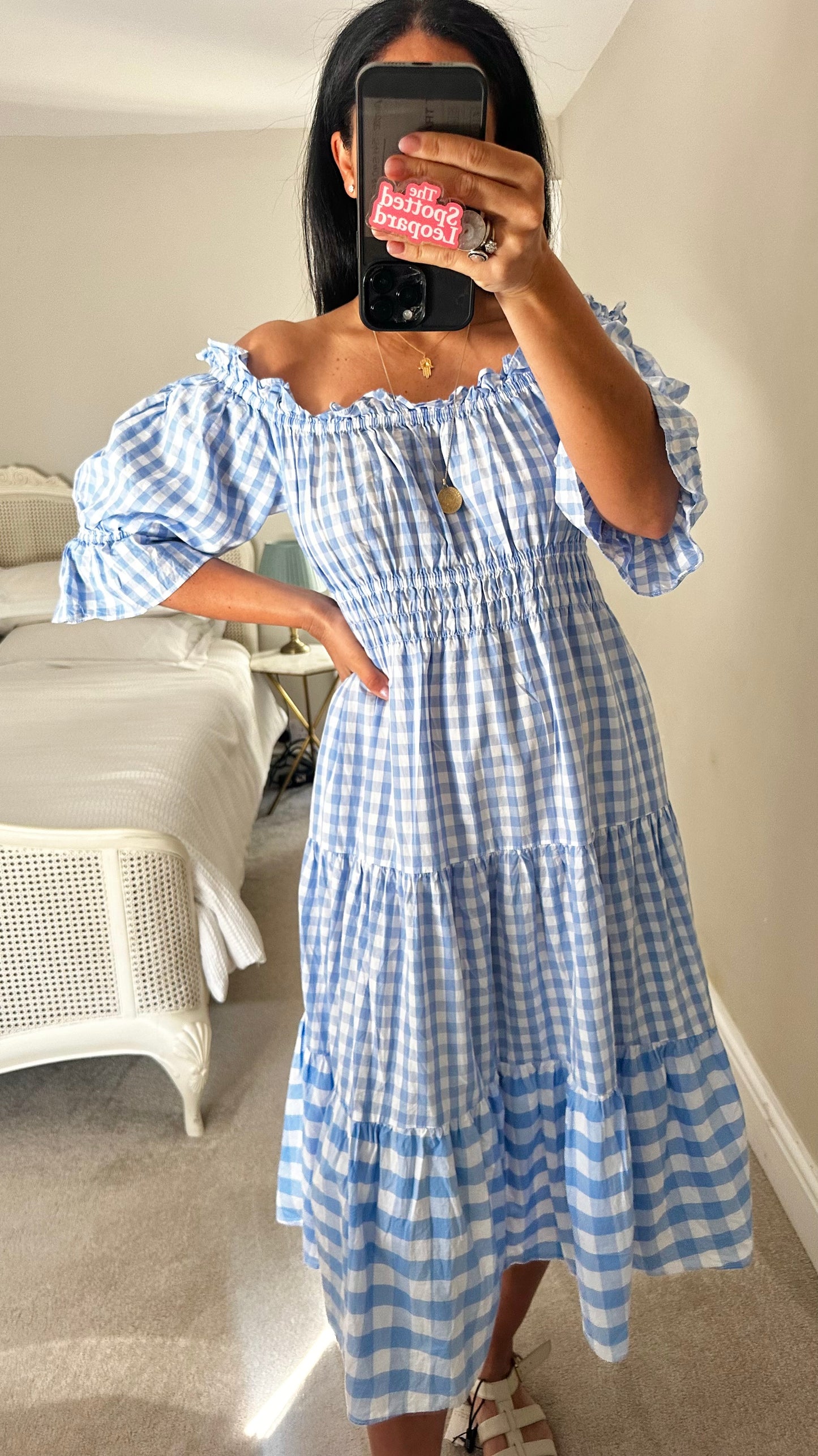 Kitri light blue white gingham check midi off shoulder dress medium UK 14 vgc