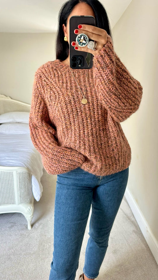 Second Female burnt orange chunky knit pink mohair blend knitted jumper large UK 12 vgc w25