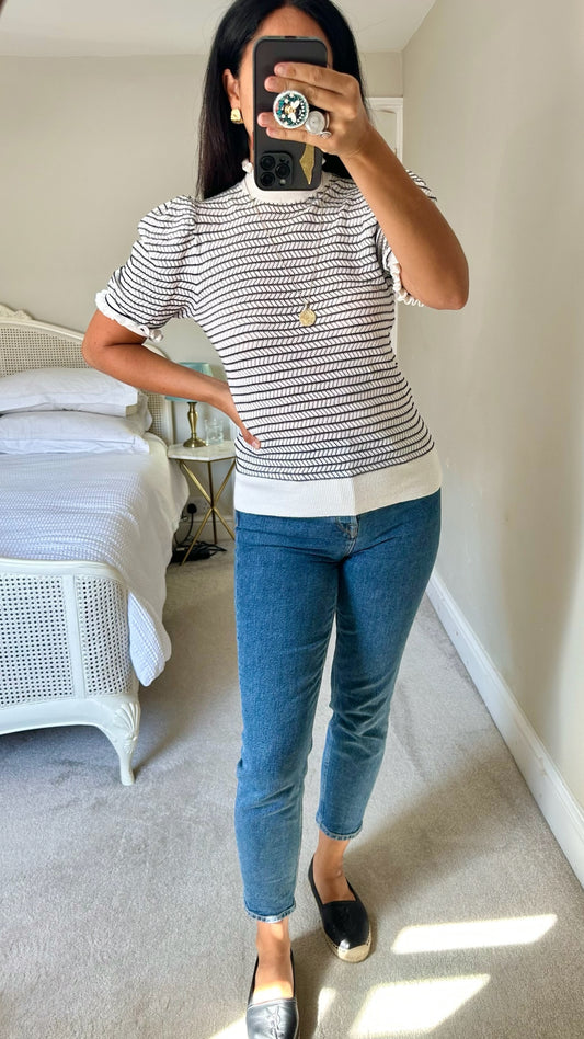 Soaked in luxury white black stripe knitted jumper top small UK 8-10 vgc w25