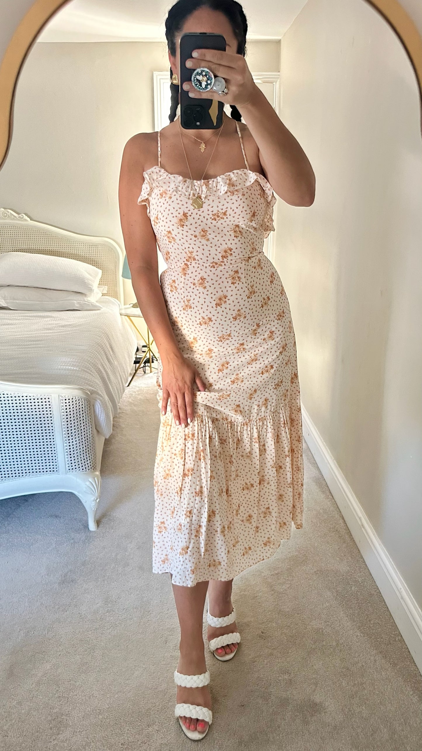 & other stories cream apricot orange floral mid length wedding guest dress small UK 8 vgc