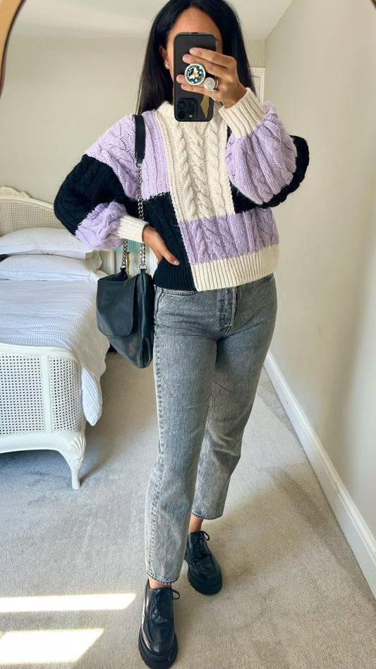 River island cream lilac black chunky knit oversized cable jumper small UK 8 vgc w25