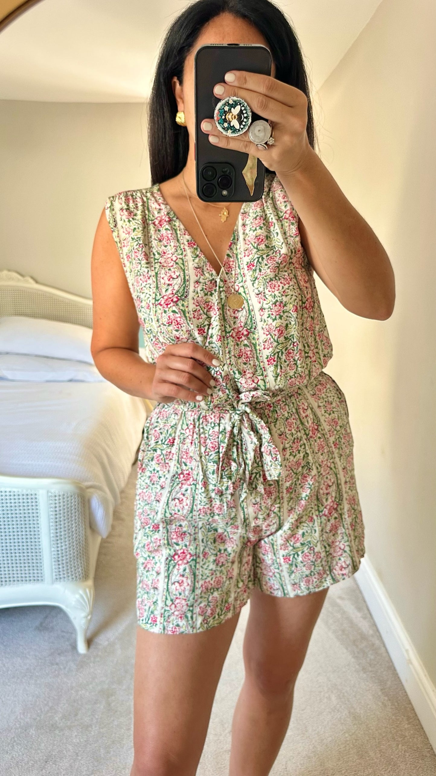 Pepe jeans playsuit pink green cream floral print medium UK 10 vgc