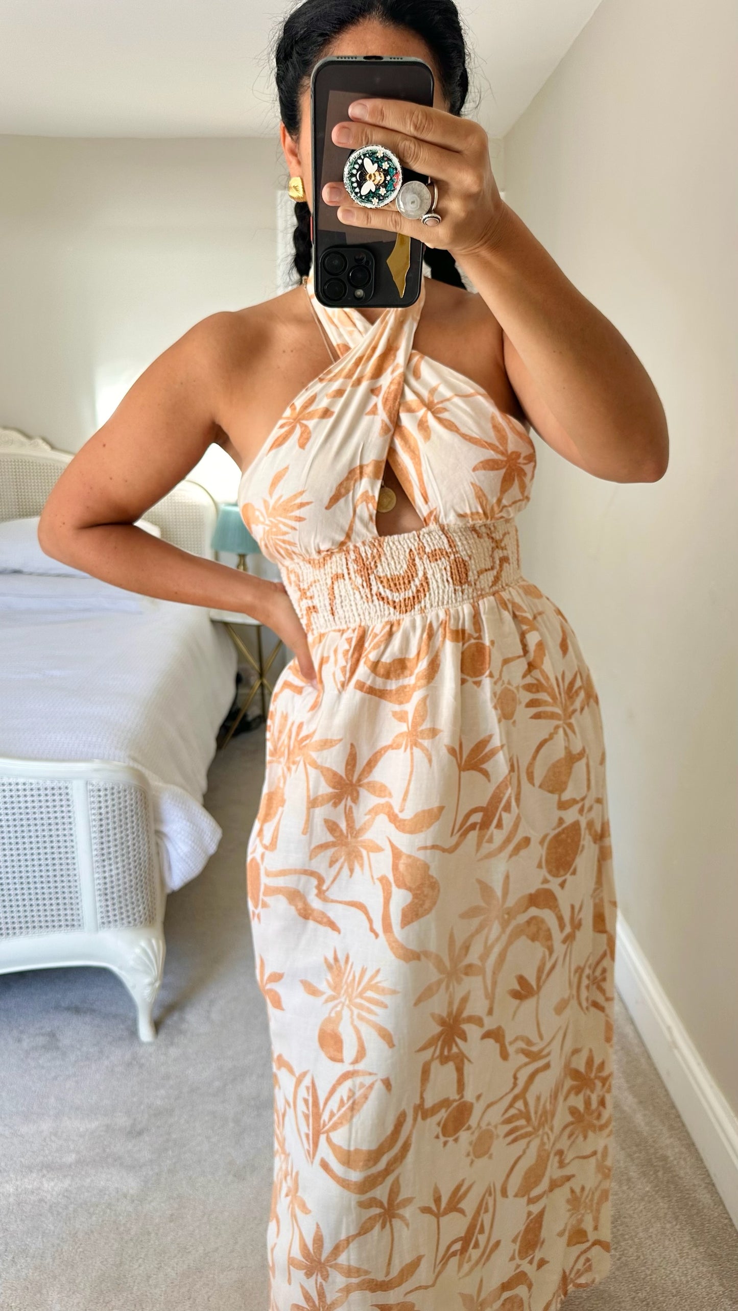 Steele cream burnt orange linen blend maxi halter neck holiday dress small UK 8 vgc