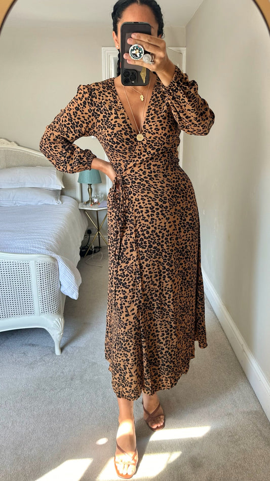 & other stories beige black leopard animal wrap midi dress small UK 8 vgc w25