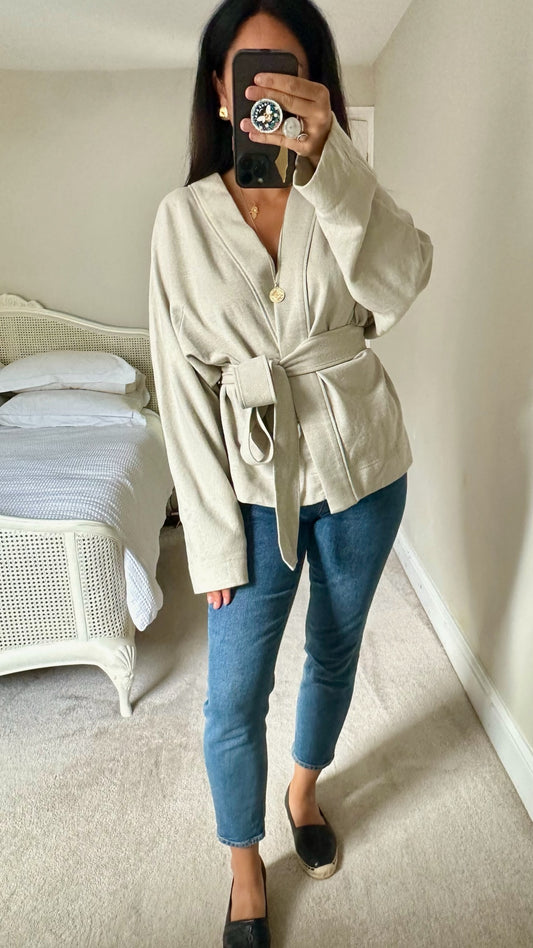 COS cream stone linen blend wraparound kimono cardigan large UK 12 vgc w25