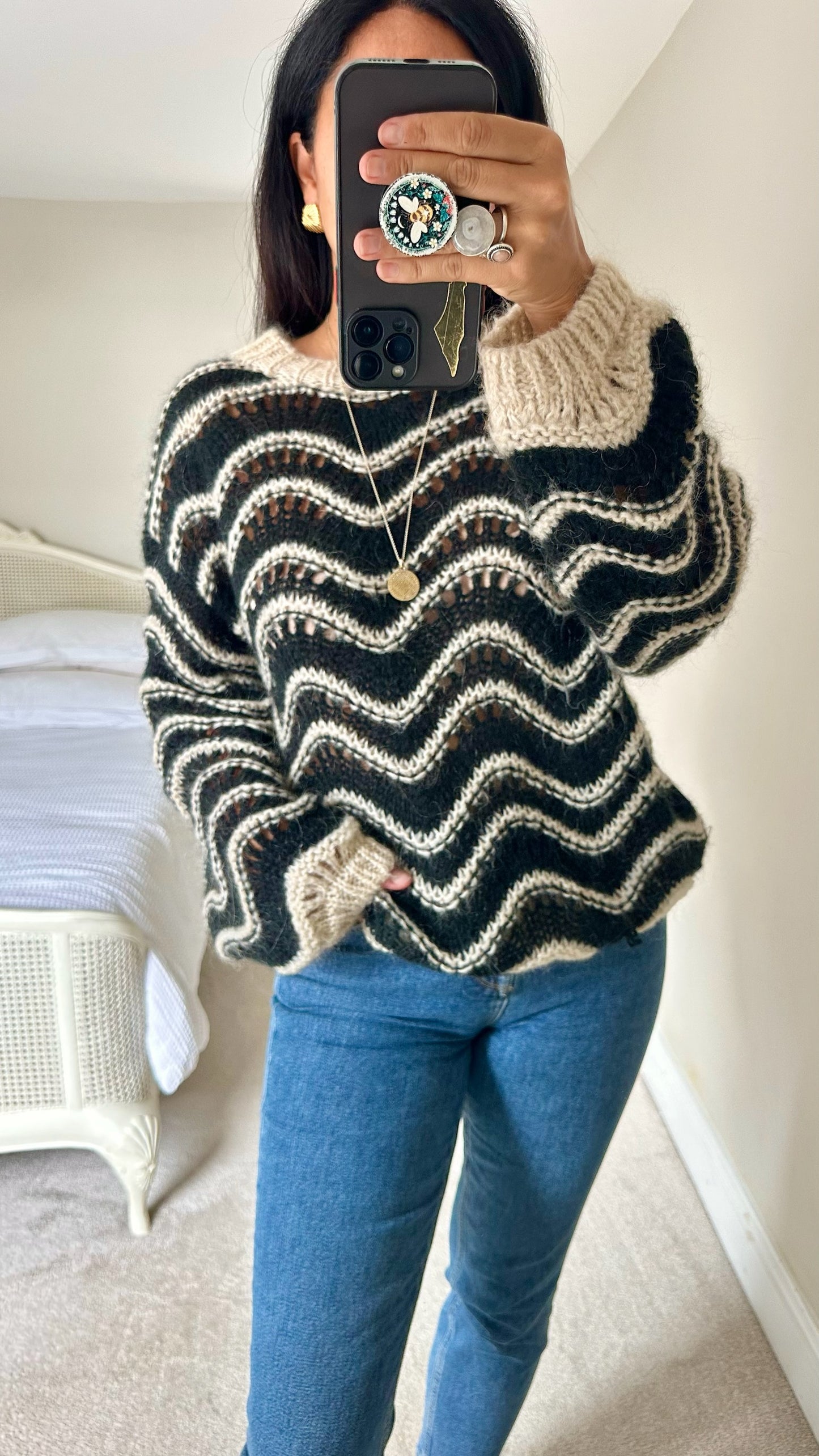 Noella copenhagen black cream squiggle line stripe high mohair blend wool knitted jumper medium UK 10 vgc w25
