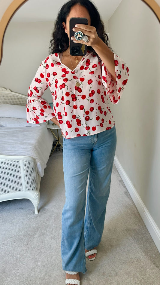 Essentiel Antwerp pink red cherry print fruit top small UK 8 vgc