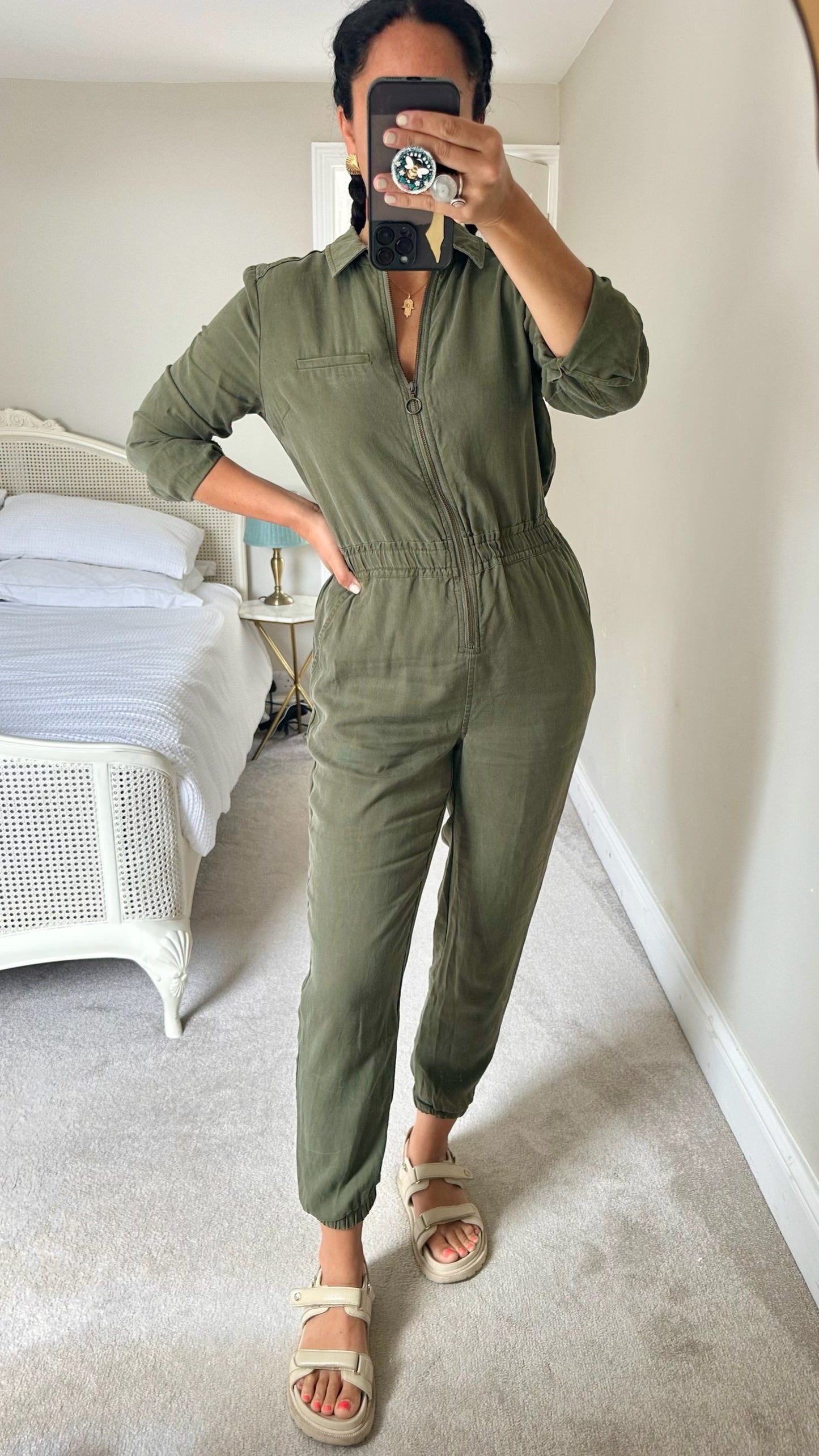 HUSH khaki olive green boiler suit jumpsuit small UK 8-10 vgc