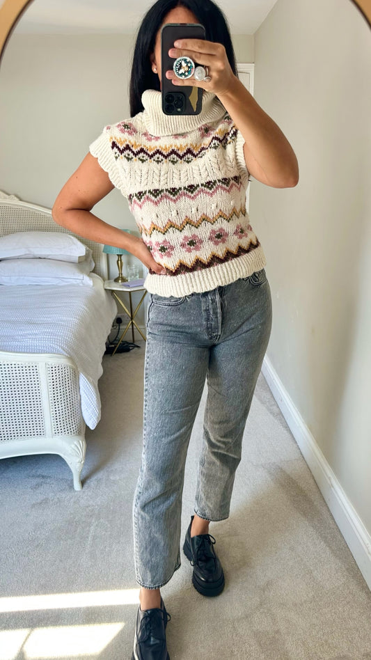 Mango fair isle vintage look roll neck tabard jumper top small UK 8-10 vgc w25