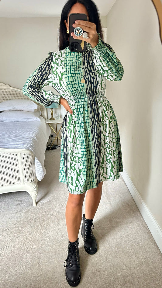 Warehouse green white blue abstract midi dress large UK 12 vgc w25