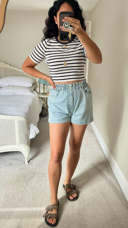 New look denim light blue paper bag shorts extra large UK 12-14 vgc