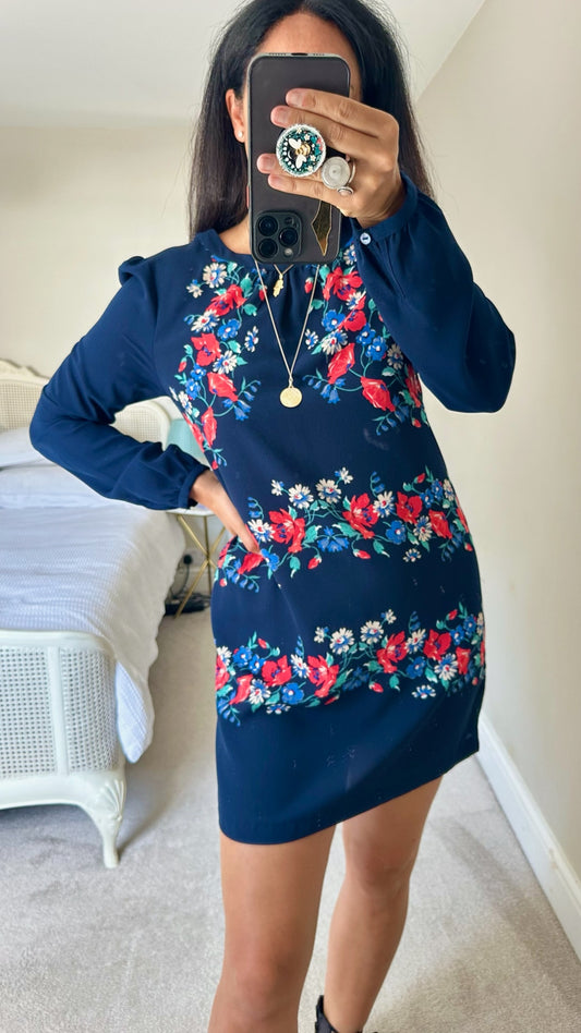 Warehouse navy blue red floral mini dress large UK 12 vgc w25