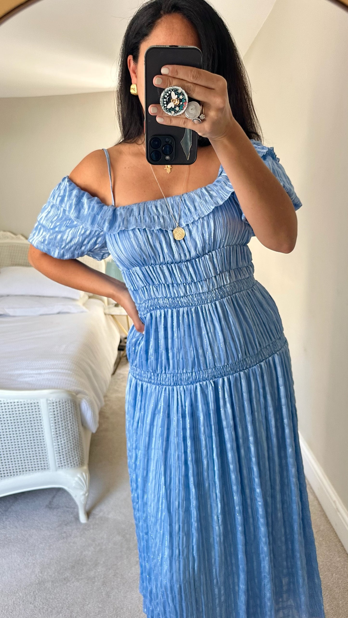 Warehouse light blue ruched metallic long wedding guest dress large UK 12-14 vgc