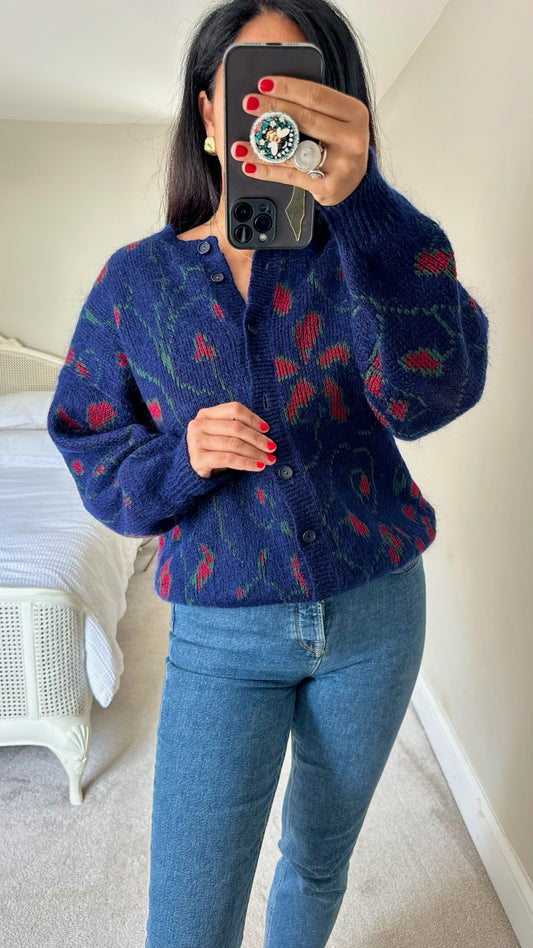 M&S st michael's vintage mohair blend navy blue red cardigan jumper large UK 12-14 vgc w25