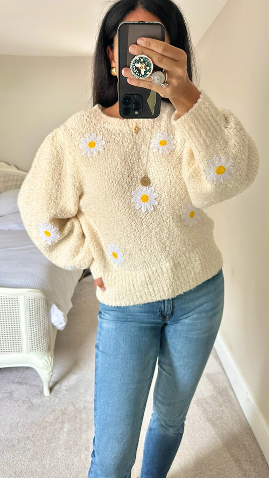 & other stories cream sunflower daisy print knitted jumper medium UK 10-12 nwot w25