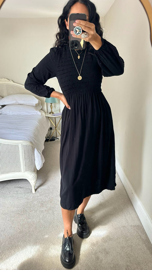 Never fully dressed black shirred bust dress long large UK 12 vgc w25