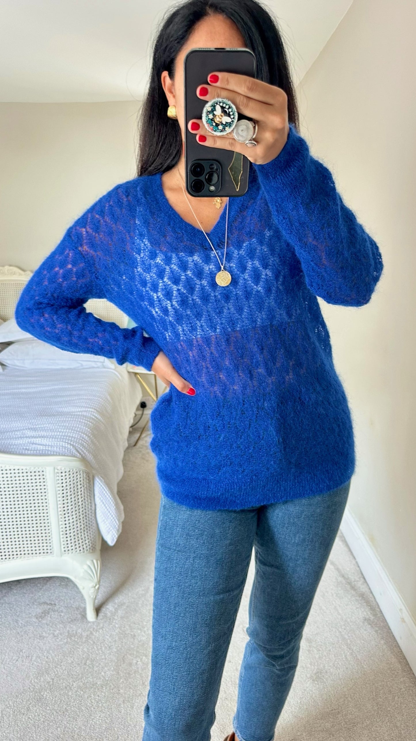 & other stories cobalt kingfisher blue crochet knitted mohair blend long line jumper extra small UK 6-8 vgc w25