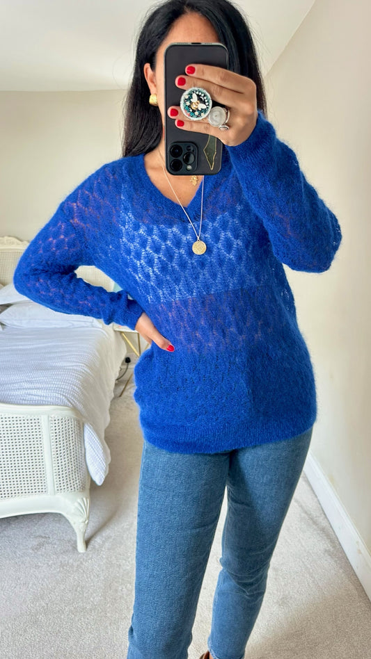 & other stories cobalt kingfisher blue crochet knitted mohair blend long line jumper extra small UK 6-8 vgc w25