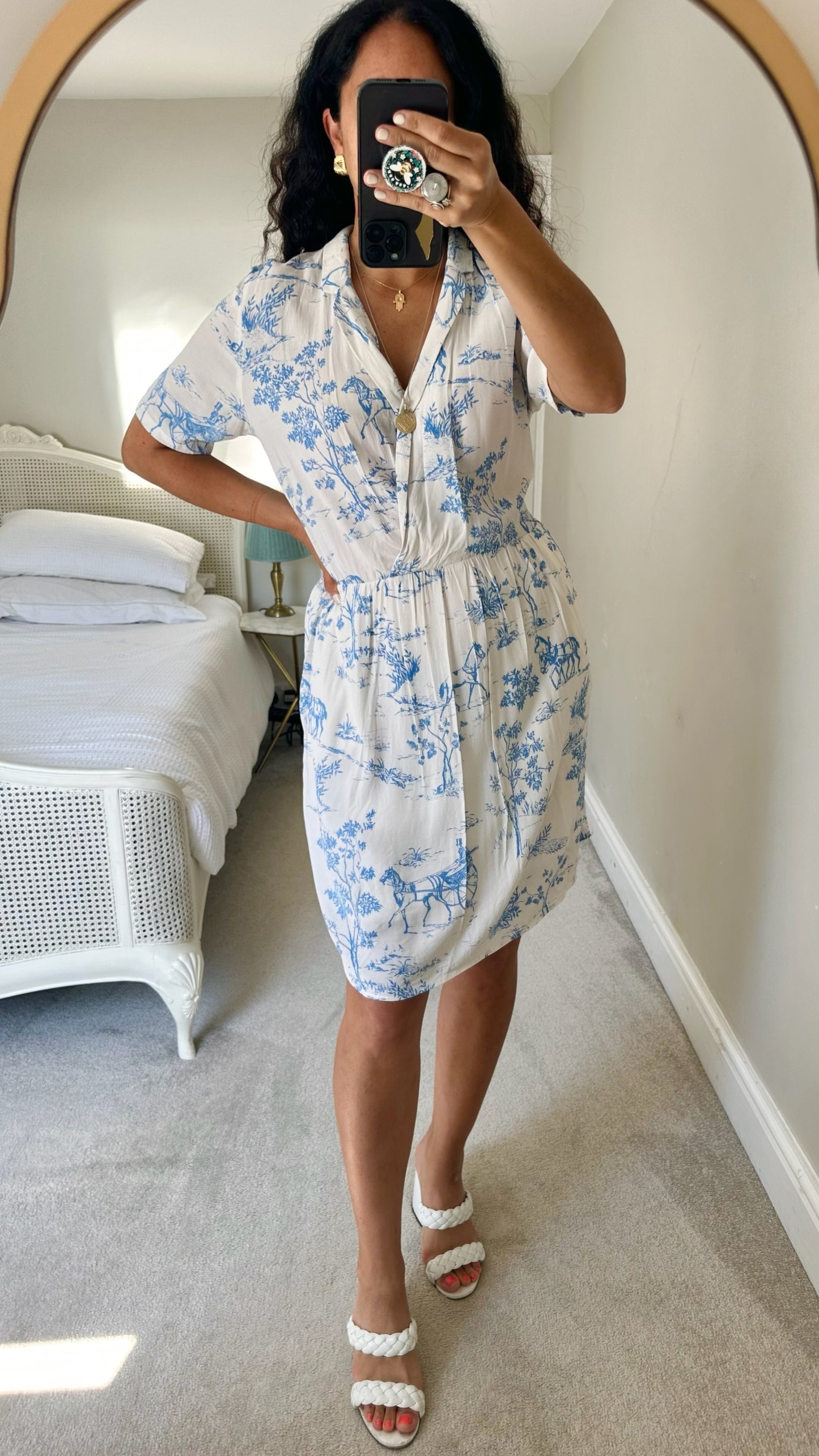 Numph @ Anthropologie white blue horse print dress medium large UK 10-12 vgc