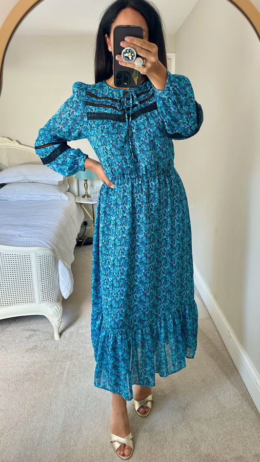 Oliver bonas bright blue prairie midi dress medium extra large UK 10 14 vgc w25