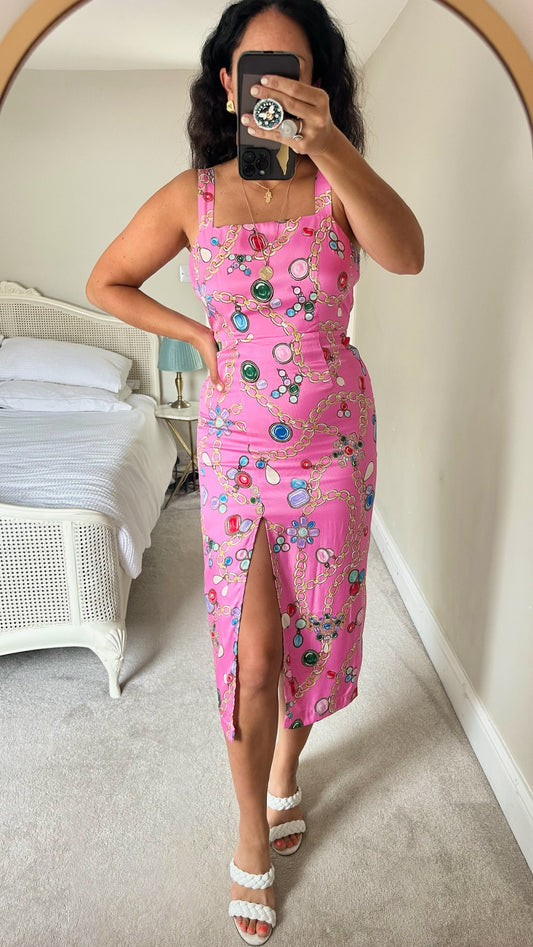 Kitri candy pink jewel print side split event wedding guest dress small UK 8 vgc