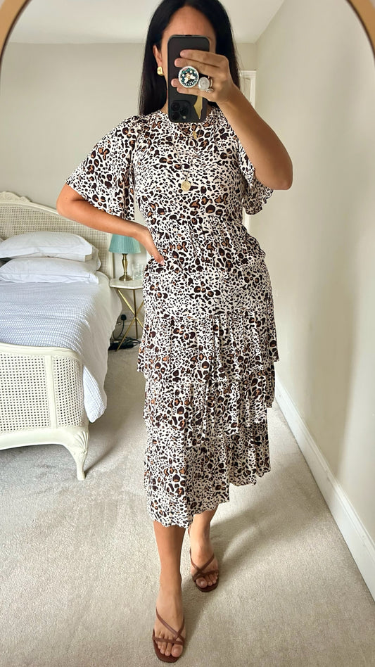 Oliver bonas white black brown animal leopard tiered midi dress small UK 8 vgc w25