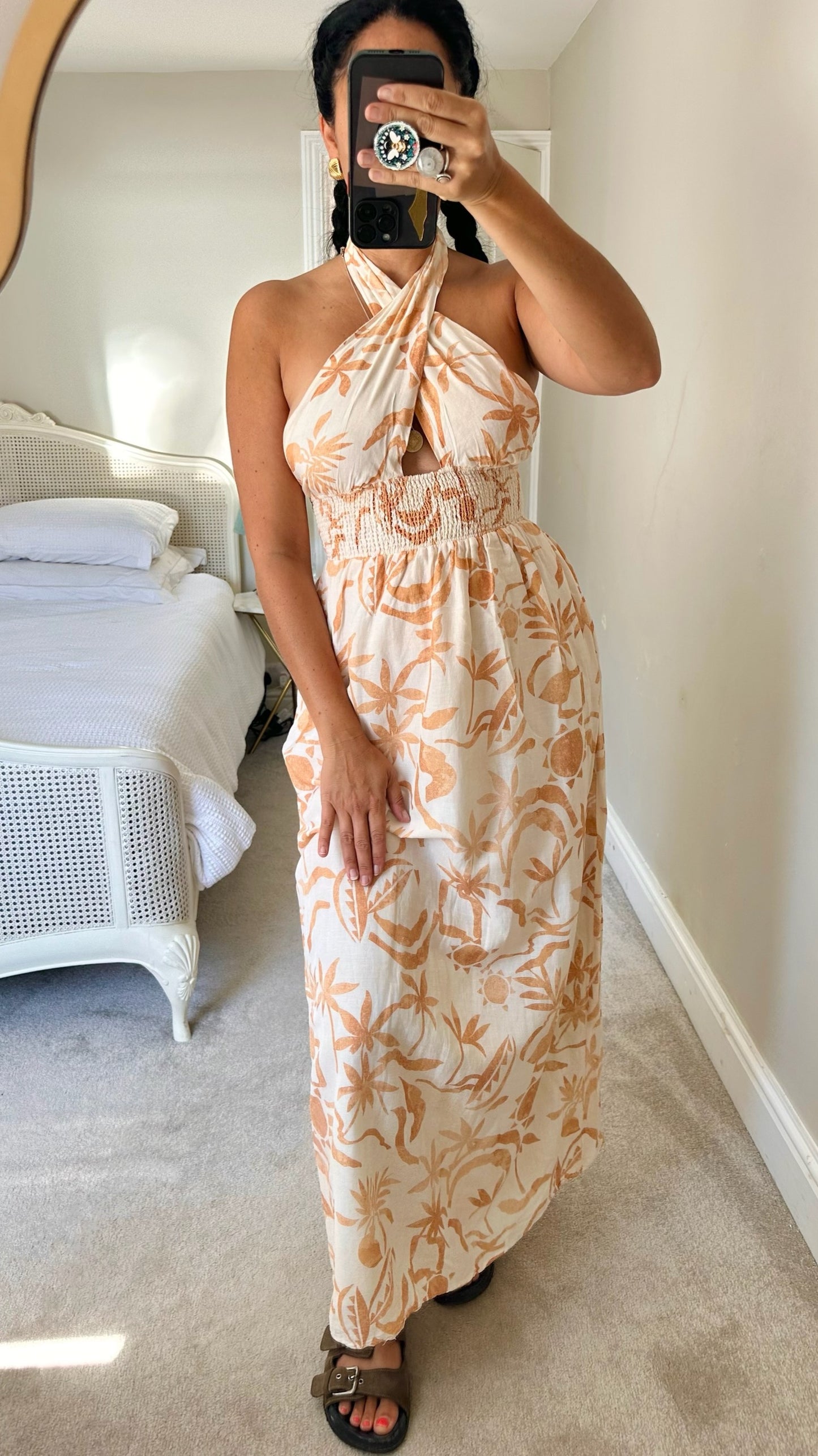 Steele cream burnt orange linen blend maxi halter neck holiday dress small UK 8 vgc