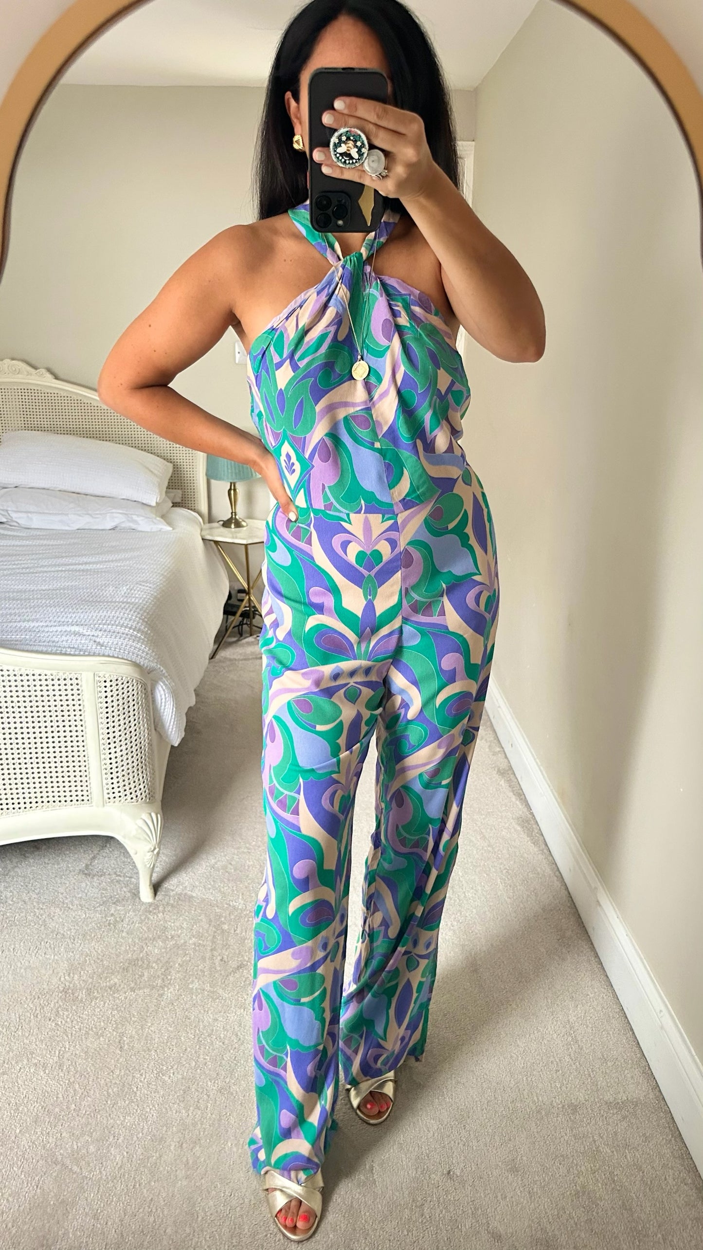 Mango lilac green blue twist front boho hippie jumpsuit tall large UK 12 vgc