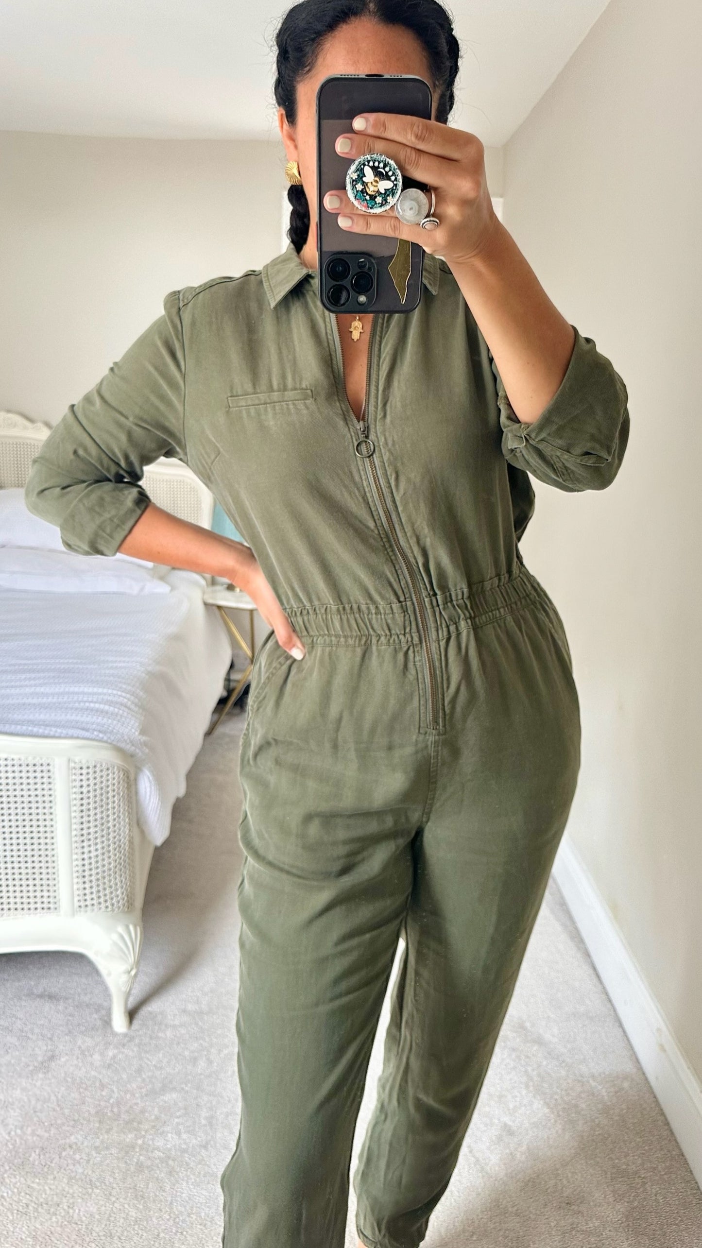 HUSH khaki olive green boiler suit jumpsuit small UK 8-10 vgc