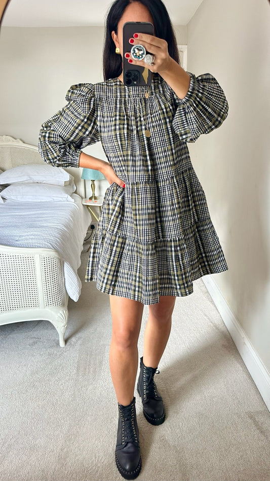Warehouse green black khaki gingham check tiered mini dress medium UK 10 vgc w25