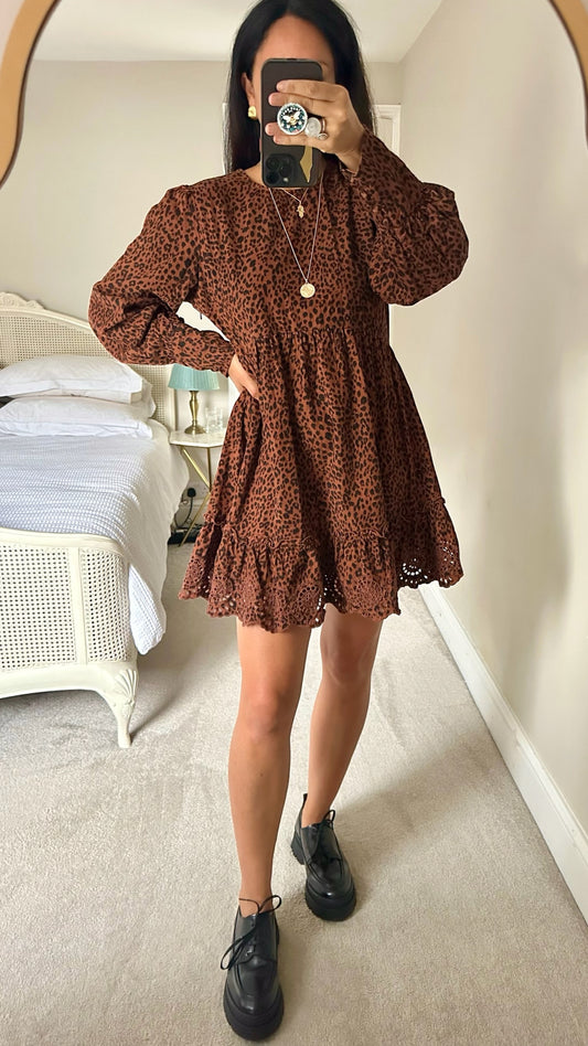 Nobody's child leopard animal cord cut out lace casual dress large UK 12 vgc w25