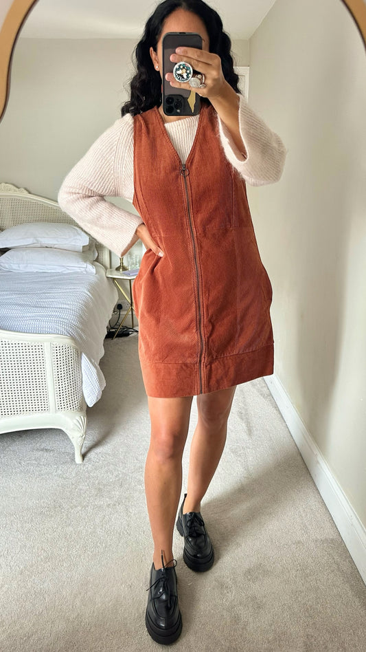 Oliver bonas burnt orange corduroy zip up mini dress extra large UK 14 vgc w25
