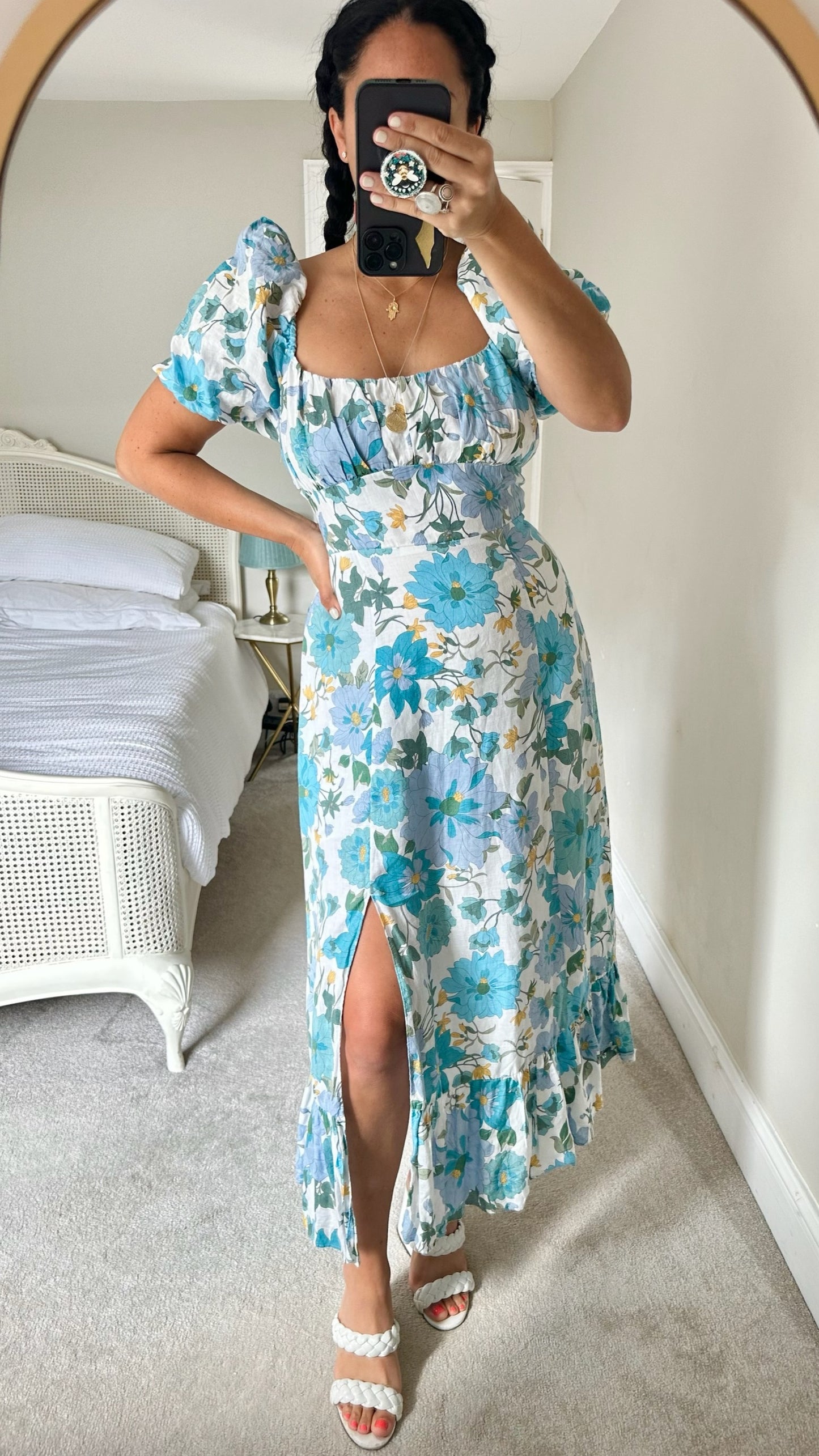 & other stories floral pure linen blue white yellow wedding guest dress small large UK 8 10 16 vgc