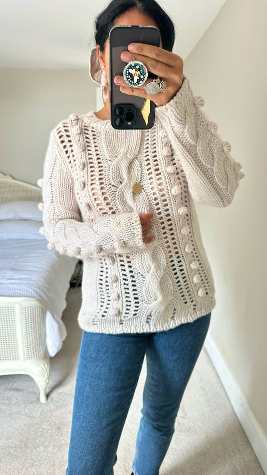 Farmer heritage white cream wool blend knitted bobble front jumper large UK 12 vgc w25