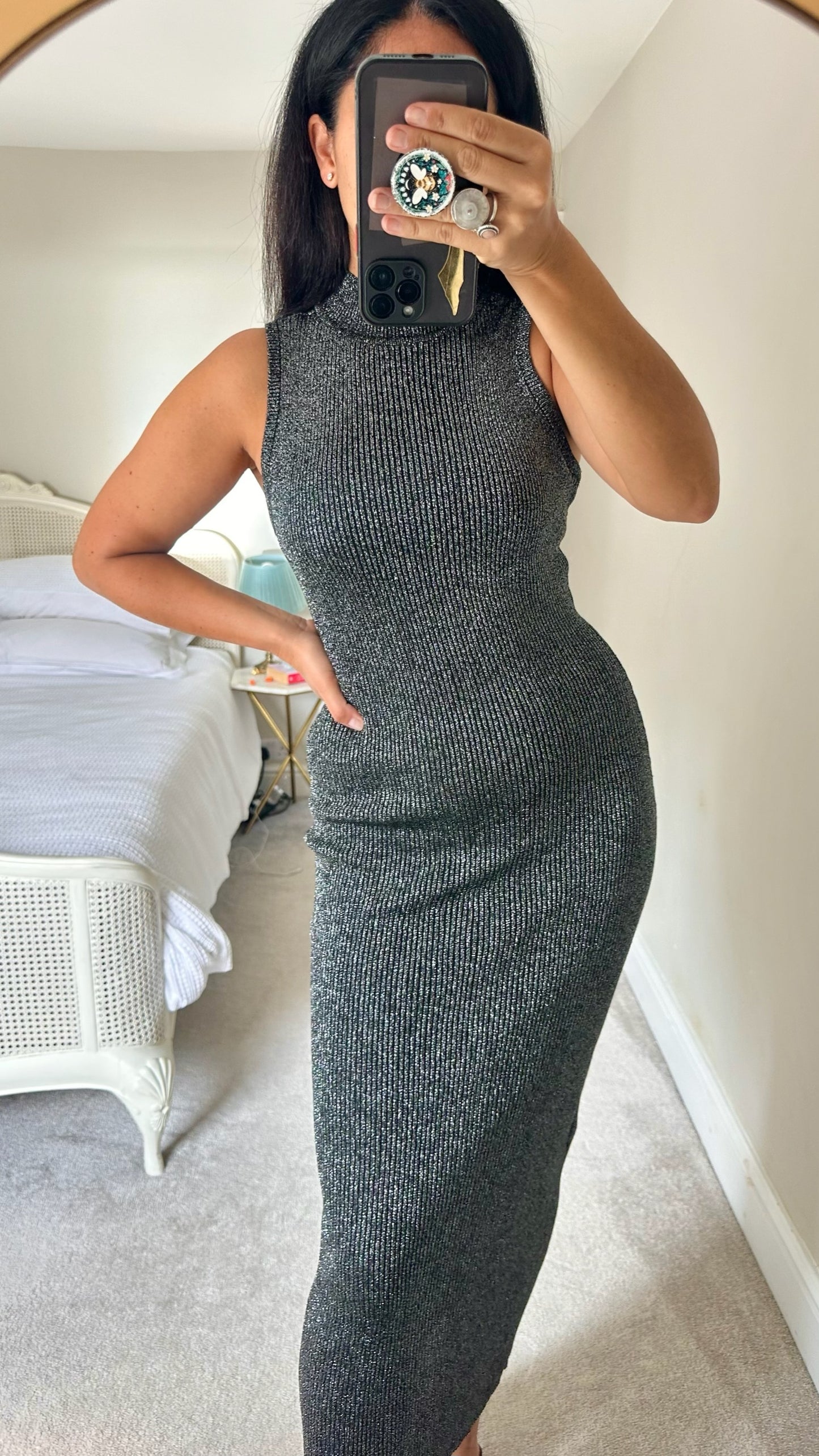 & other stories black silver metallic knitted maxi event dress medium UK 10 vgc w25