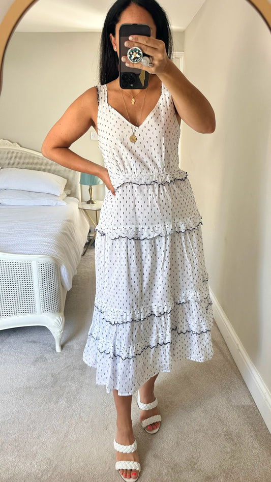 Oliver bonas white black tiered polka dot sun holiday dress large UK 14 vgc