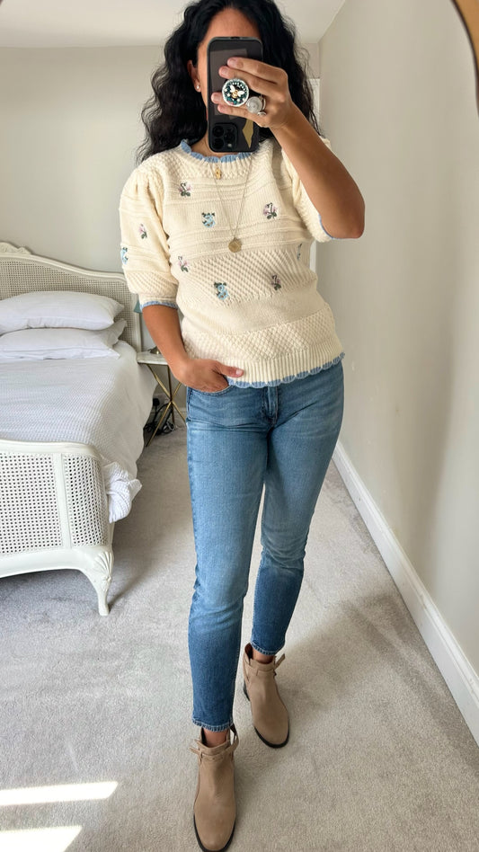 FRNCH cream blue vintage look knitted jumper medium UK 10 bnwt w25
