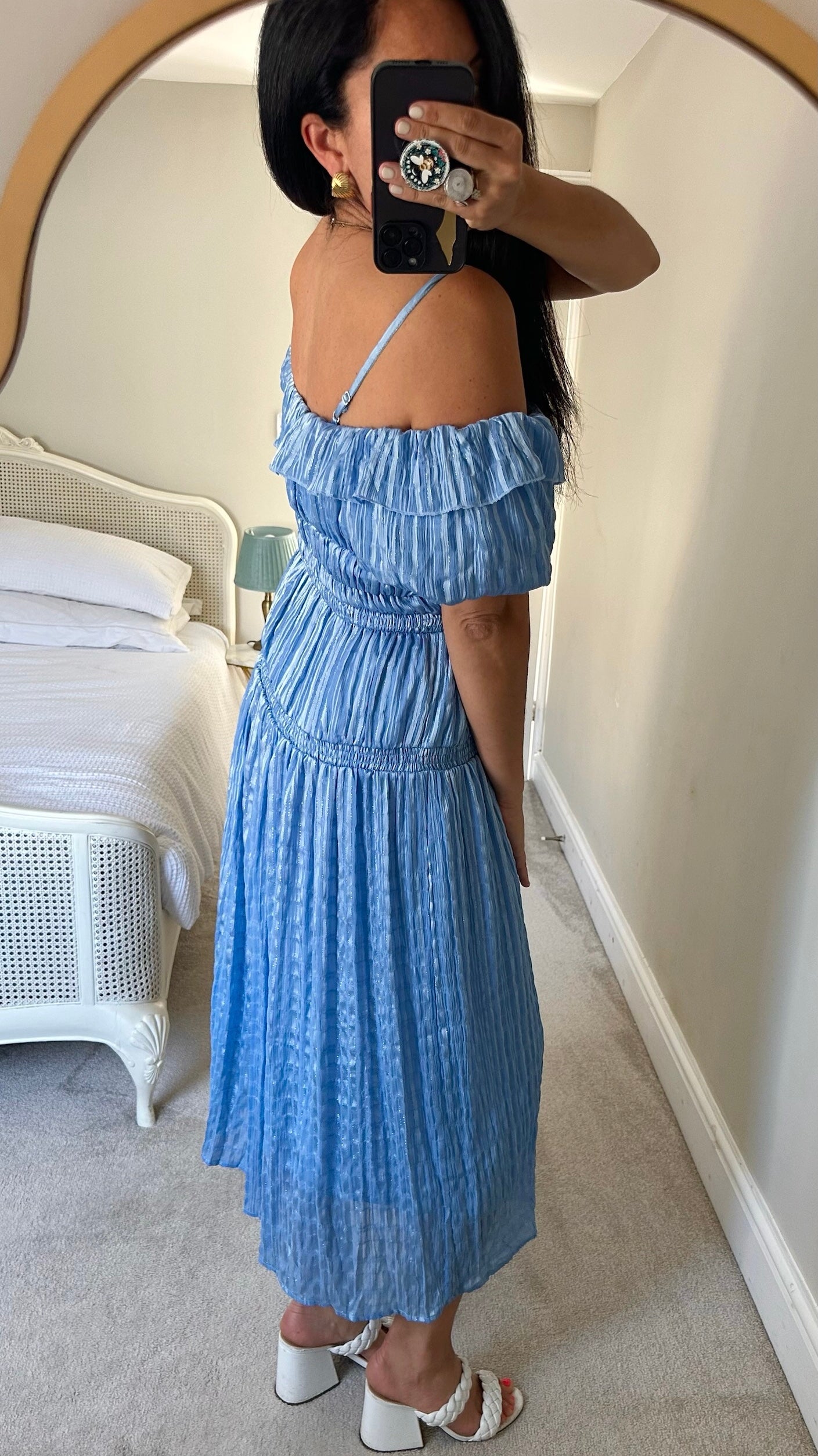 Warehouse light blue ruched metallic long wedding guest dress large UK 12-14 vgc