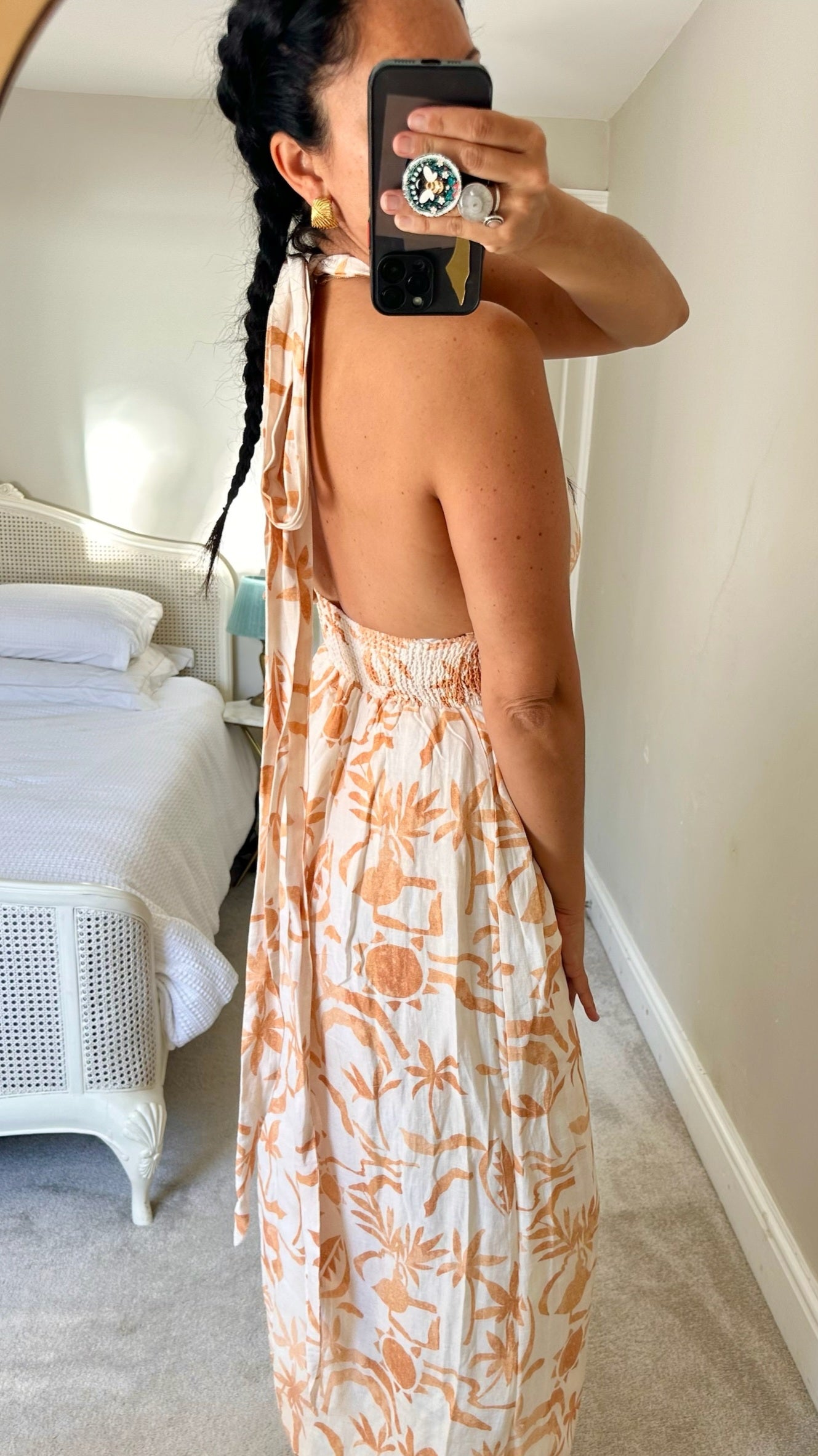 Steele cream burnt orange linen blend maxi halter neck holiday dress small UK 8 vgc