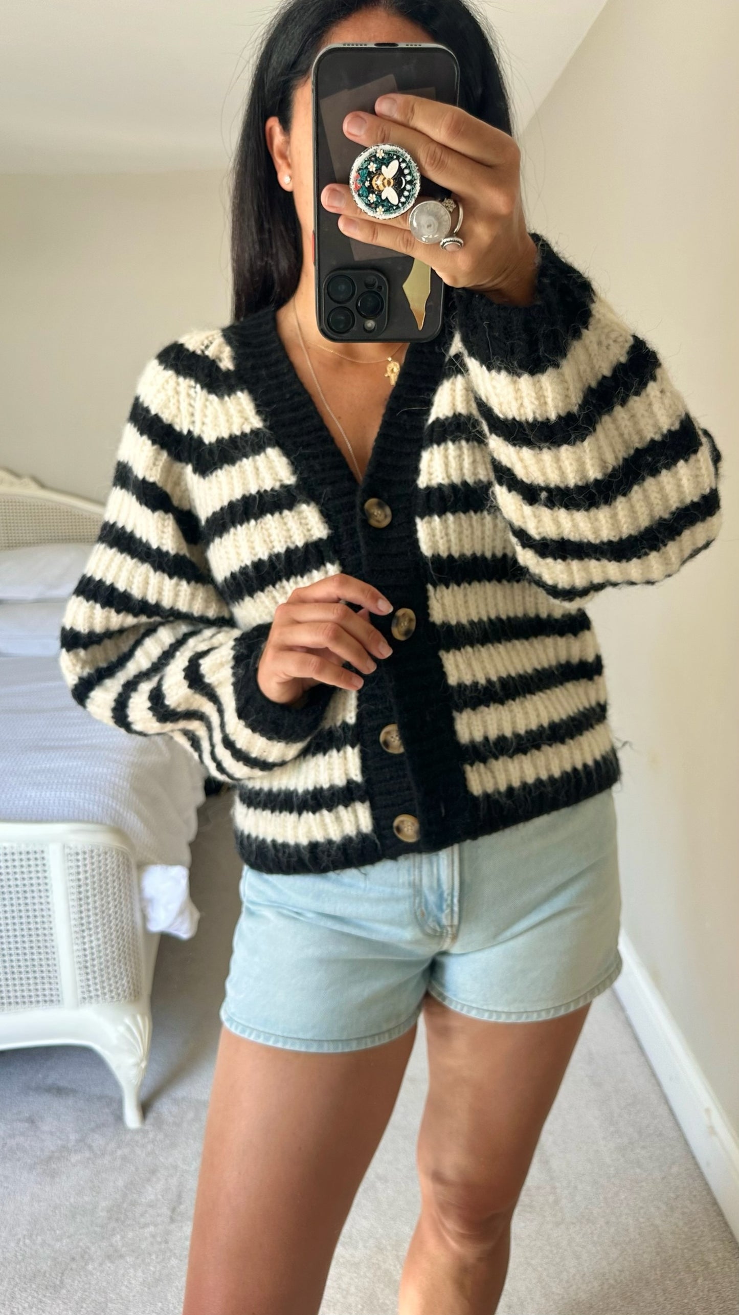 Zara cream black knitted jumper cardigan stripe wool blend small UK 8-10 vgc w25
