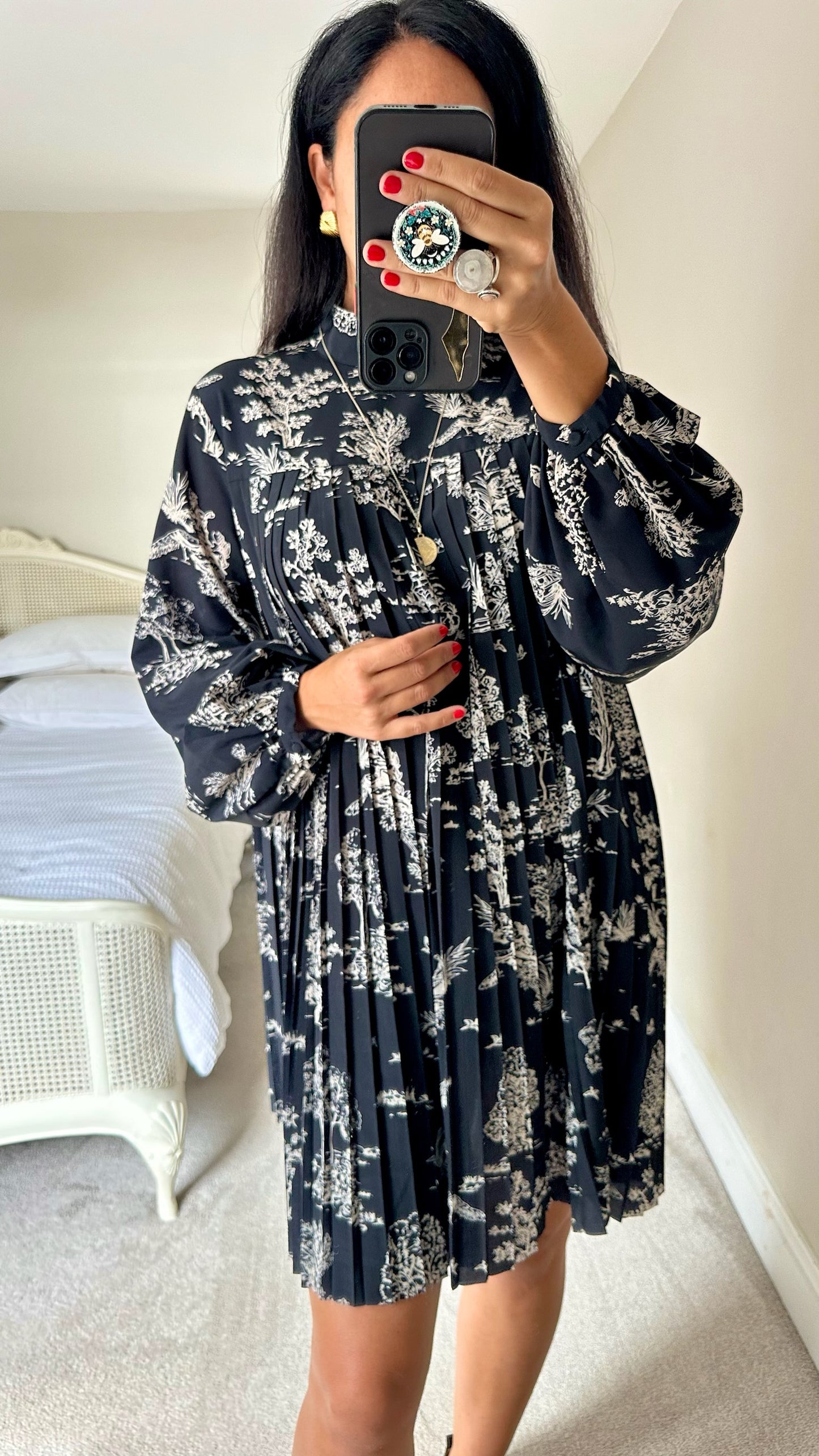 & other stories black cream peacock village print pleated mini smock dress large UK 12 vgc w25