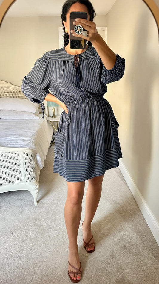Whistles navy blue stripe boho holiday dress large UK 12 vgc