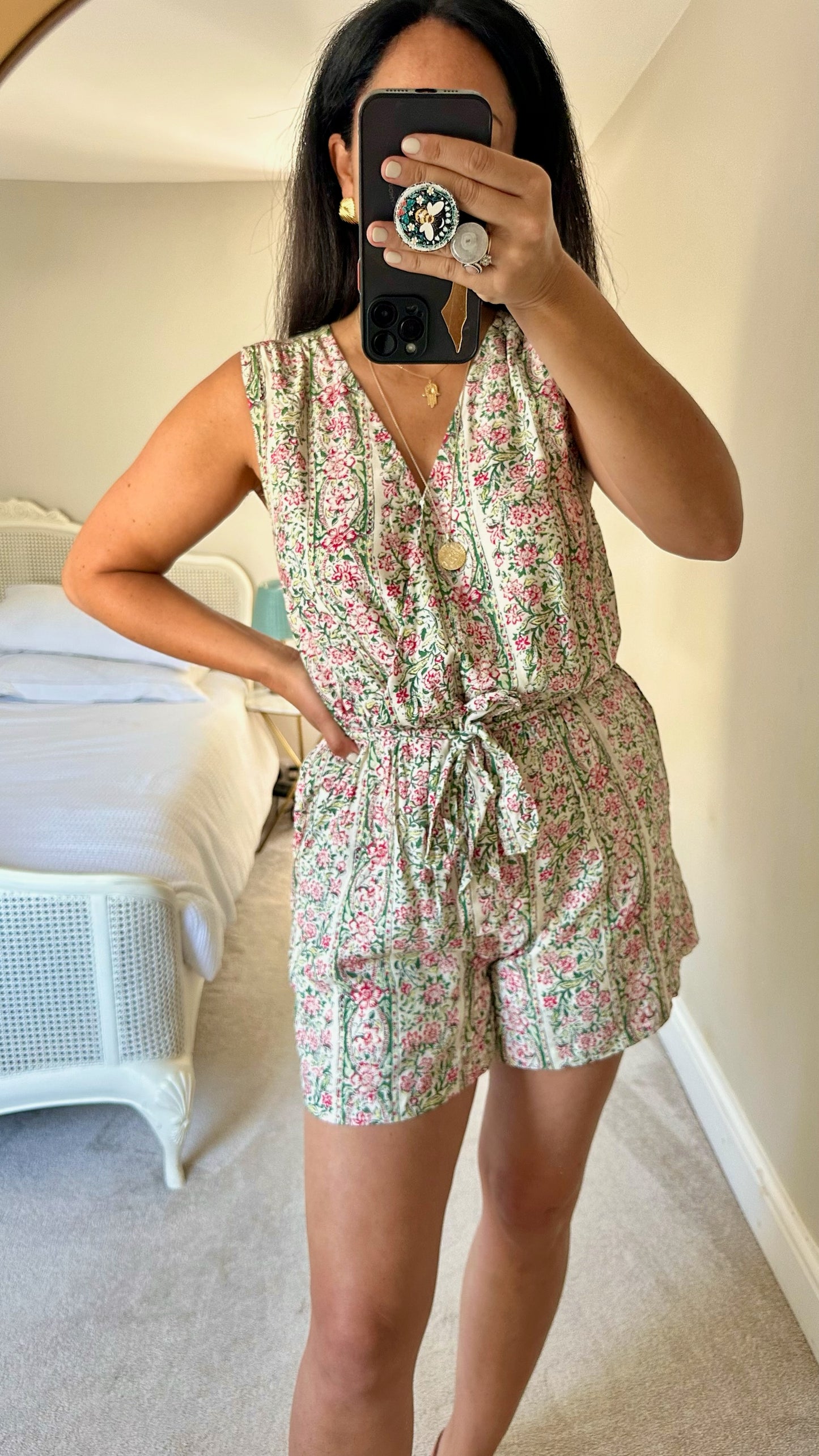 Pepe jeans playsuit pink green cream floral print medium UK 10 vgc