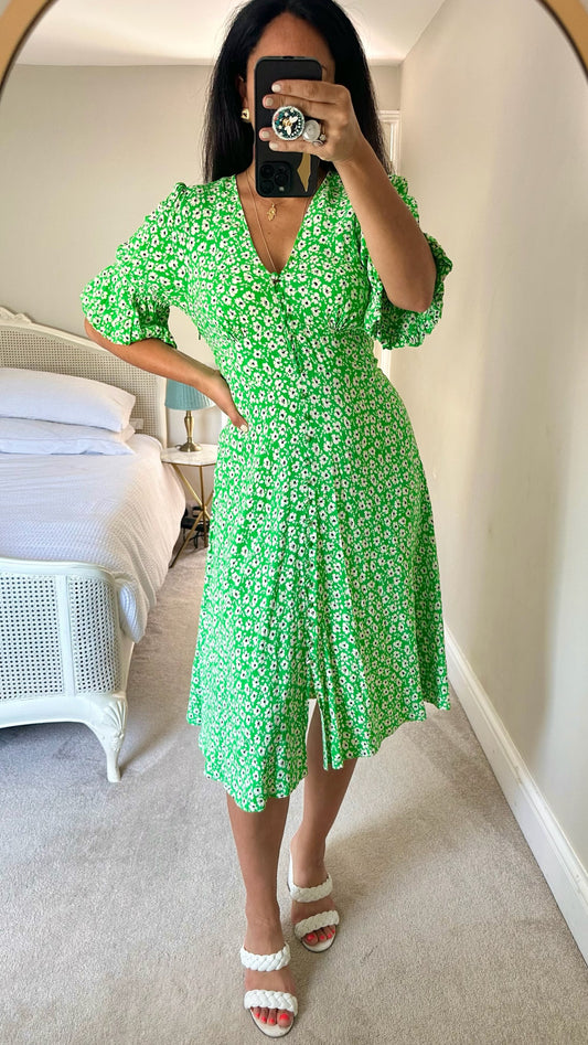 Ro & Zo green floral button up midi dress medium UK 12 vgc