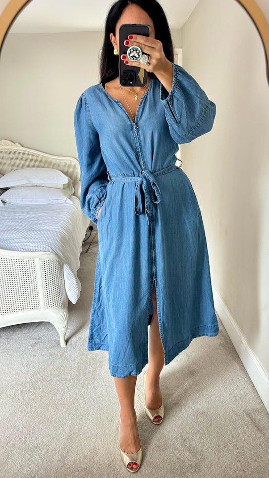 Oliver bonas zip front denim blue midi dress large UK 12 vgc w25