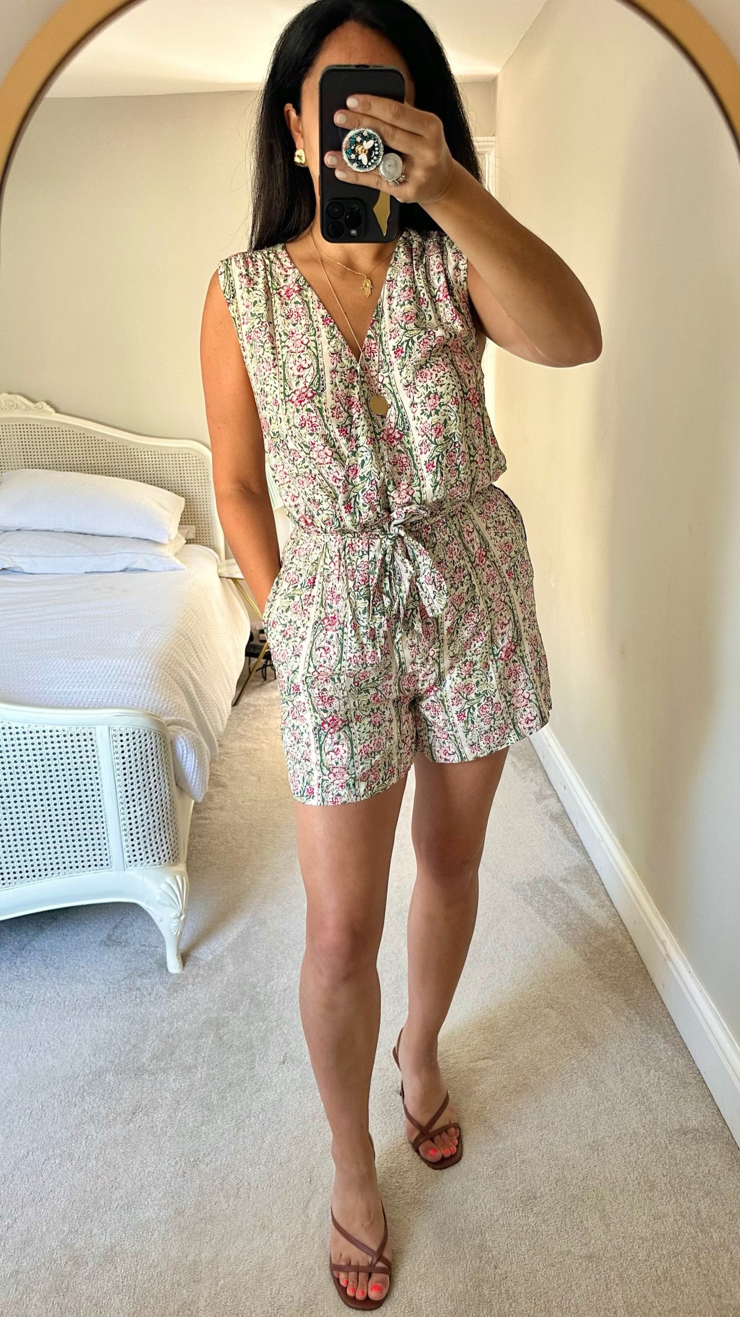 Pepe jeans playsuit pink green cream floral print medium UK 10 vgc