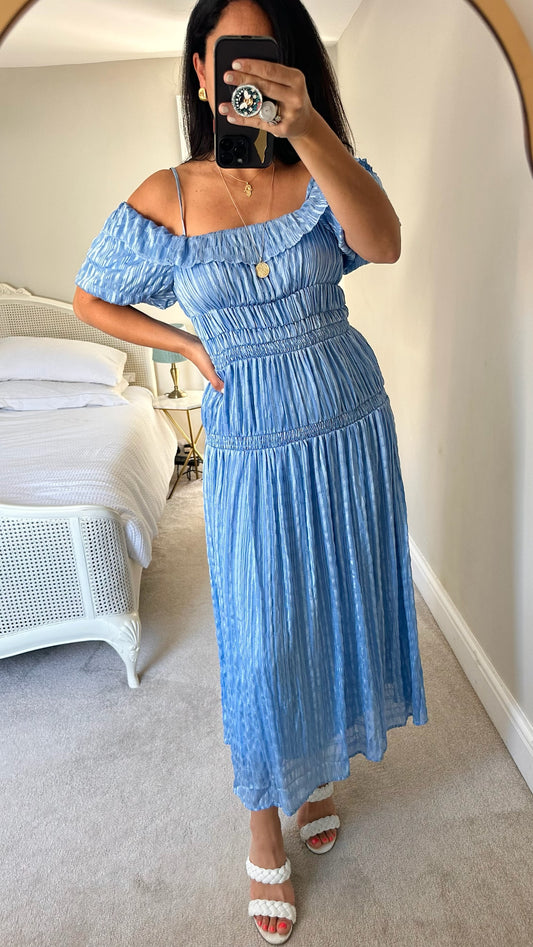 Warehouse light blue ruched metallic long wedding guest dress large UK 12-14 vgc