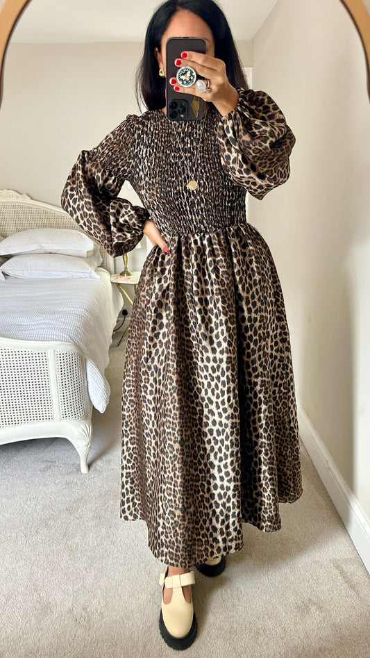 Warehouse black brown leopard animal print maxi event dress medium UK 10 vgc w25